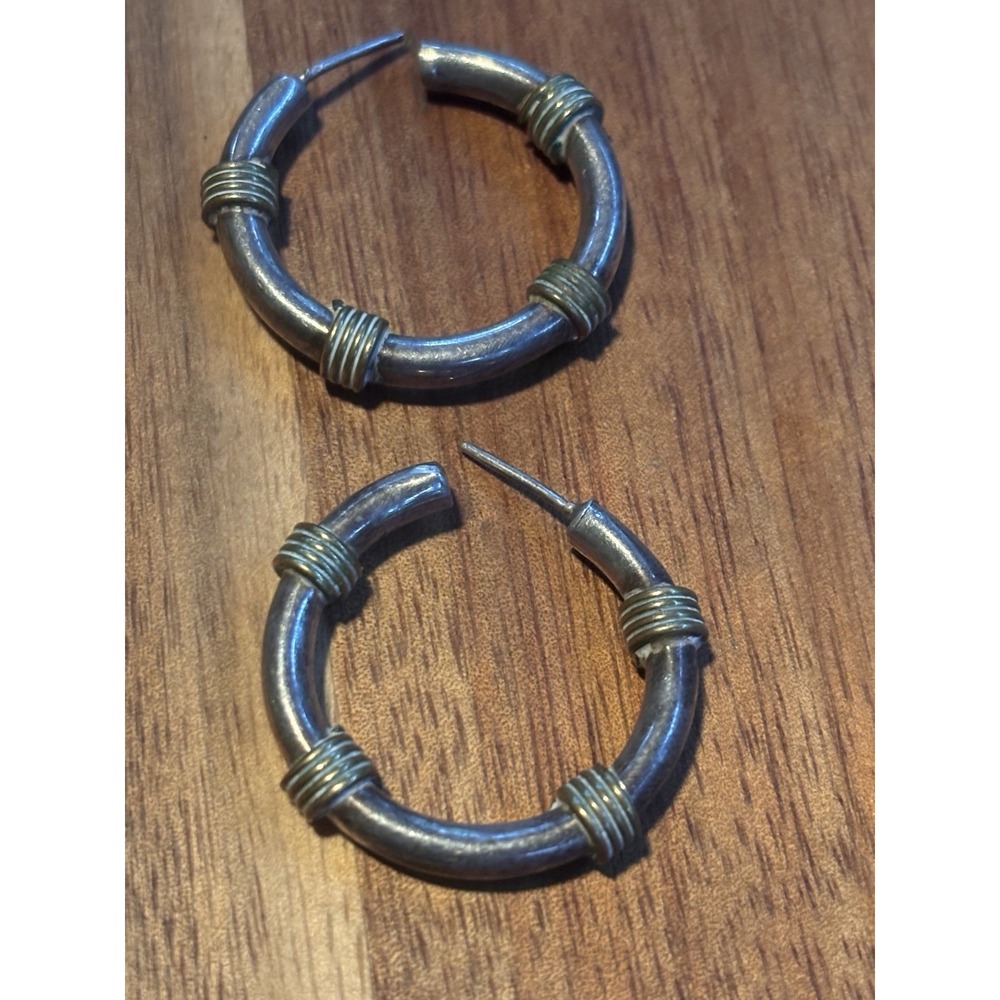 Sterling Silver (unmarked) Brass Wire Wrapped Hoop Earrings Two-Tone 12.6 Grams
